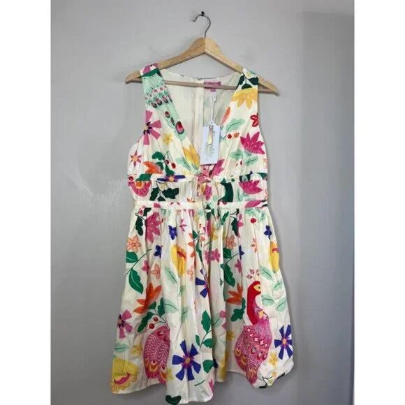 NWT Sincerely Ours Ellie Poplin Cream Floral Sleeveless Fit and Flare Mini Dress